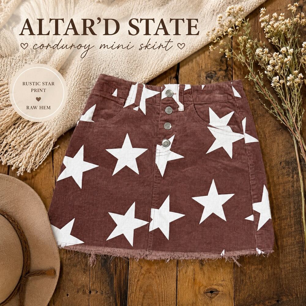 Altar’d State XS Corduroy Star Print Mini Skirt Button Front Raw Hem Festival